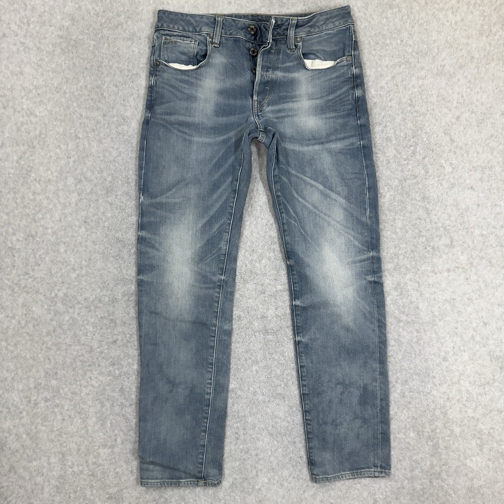 G-Star Raw Jeans Mens 29x30 Blue 3301 Slim Button Fly Stretch‎ Denim Crazy Fades